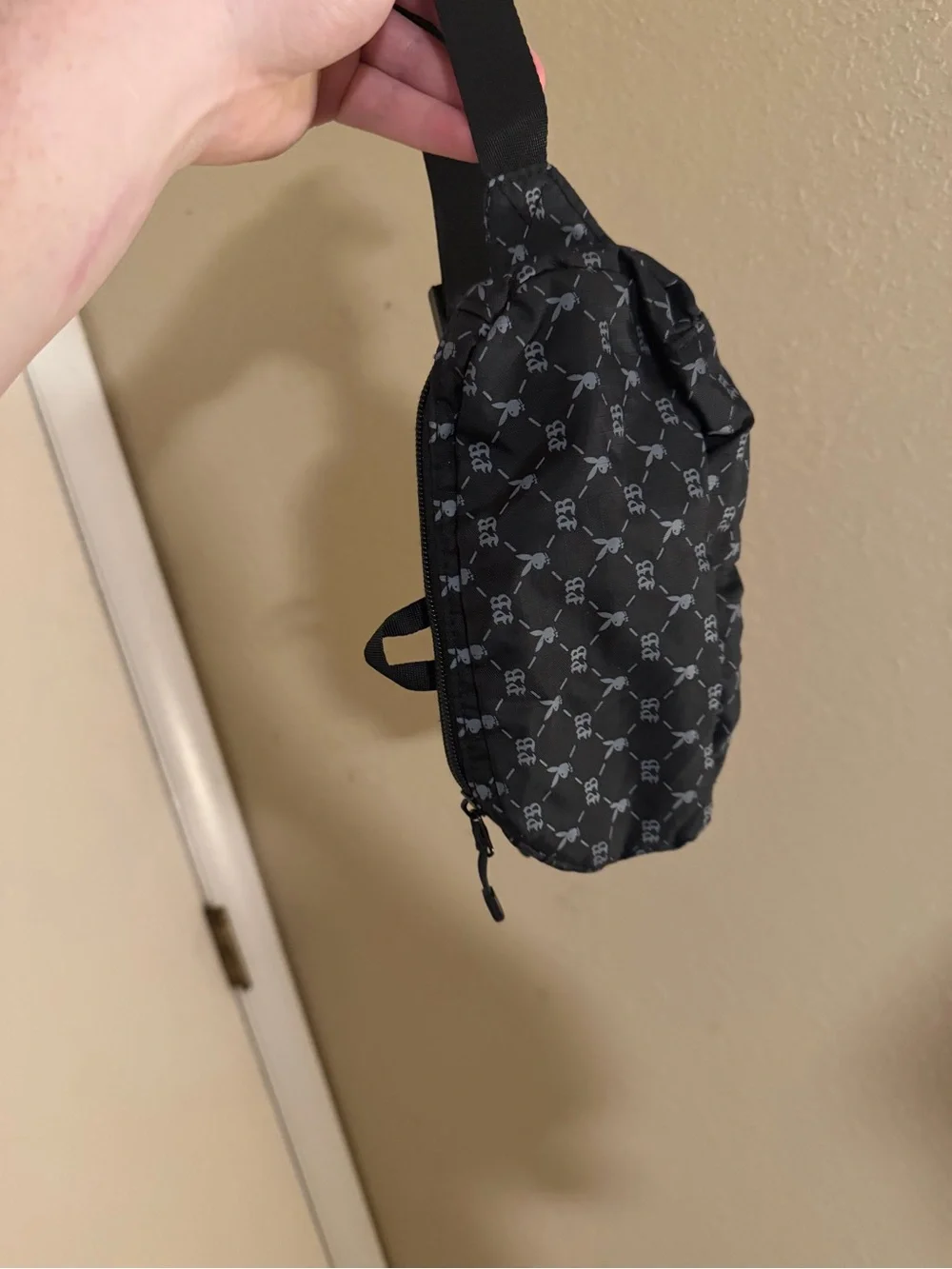 Black Playboy-Patterned Waist Bag — Hands-Free Travel Pouch